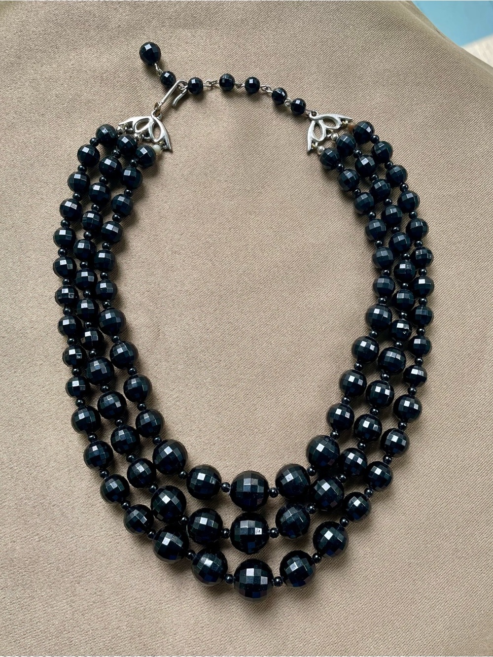 Vintage Triple-Strand Black Beaded Necklace